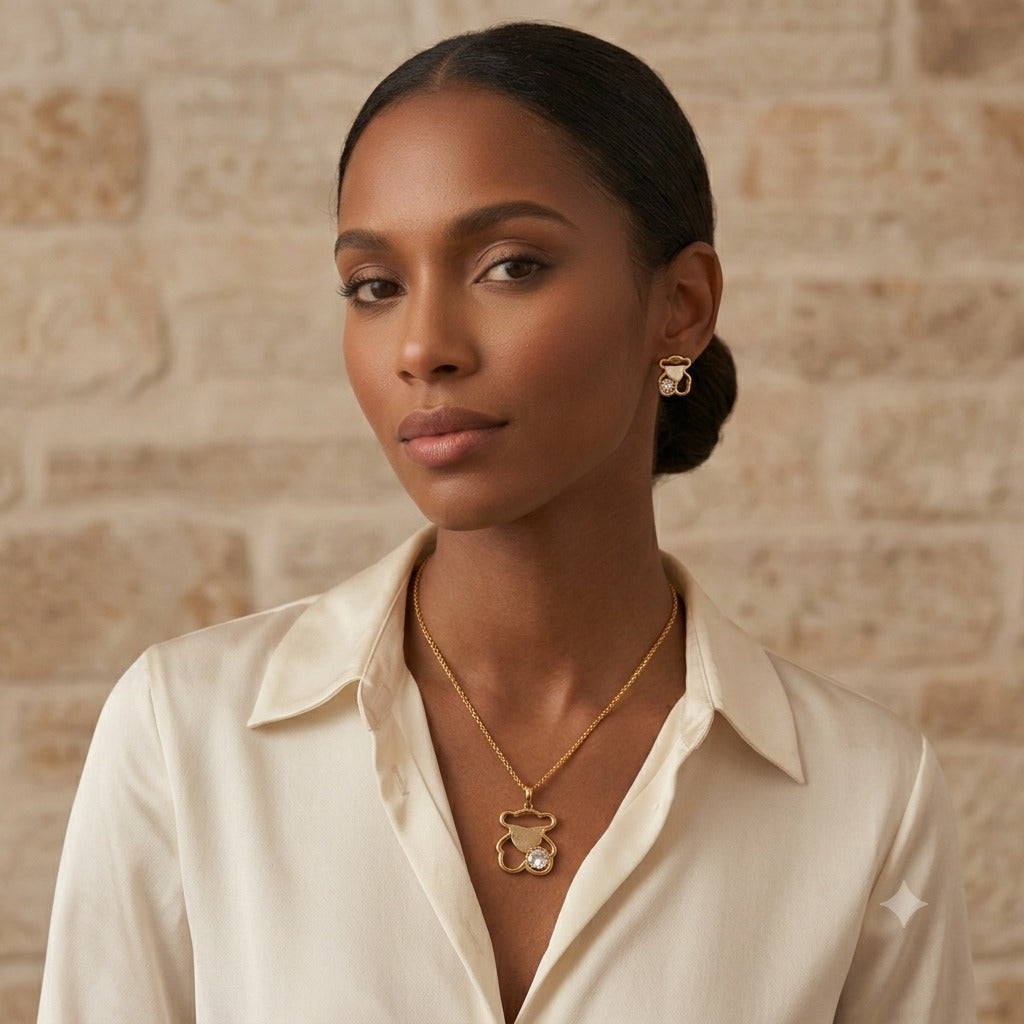 Collar y aretes de acero inoxidable Conjunto Dorado (88-123)