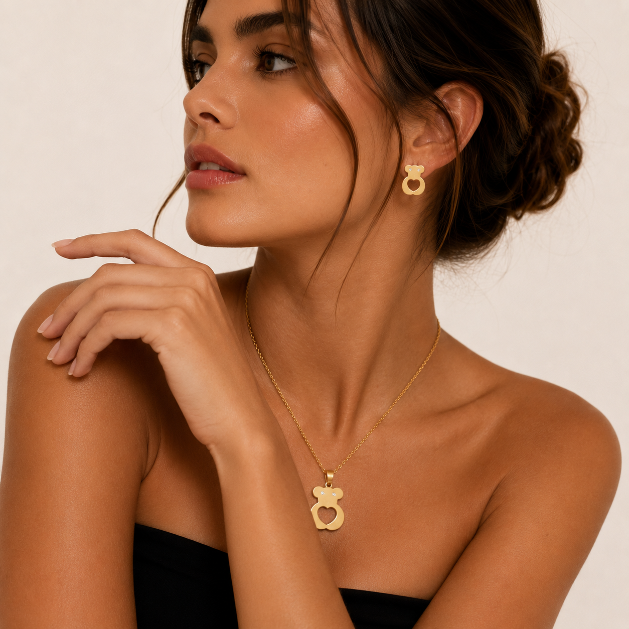 Collar y Aretes de acero inoxidable Ositos Conjunto Dorado (88-90)
