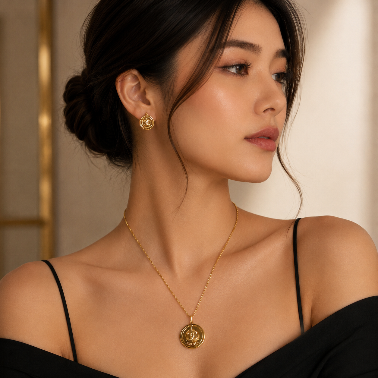 Collar y aretes de acero inoxidable Conjunto Dorado (80-102)