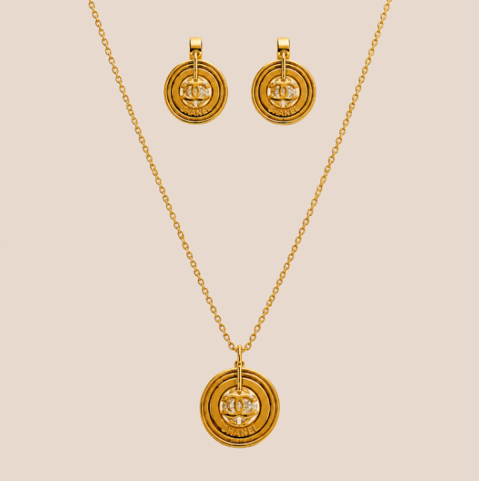 Collar y aretes de acero inoxidable Conjunto Dorado (80-102)