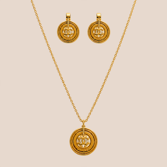 Collar y aretes de acero inoxidable Conjunto Dorado (80-102)