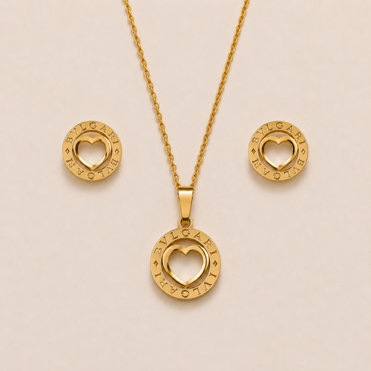 Collar y aretes de acero inoxidable Conjunto Dorado De Corazones (88-100)