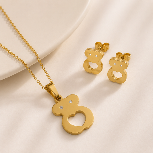 Collar y Aretes de acero inoxidable Ositos Conjunto Dorado (88-90)