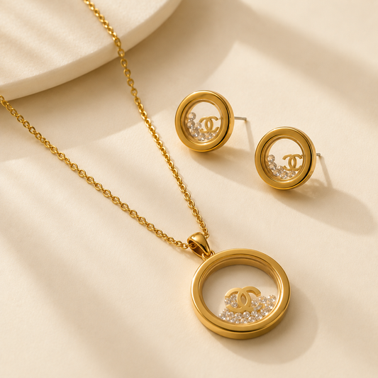 Collar y aretes de acero inoxidable Conjunto Dorado (80-146)
