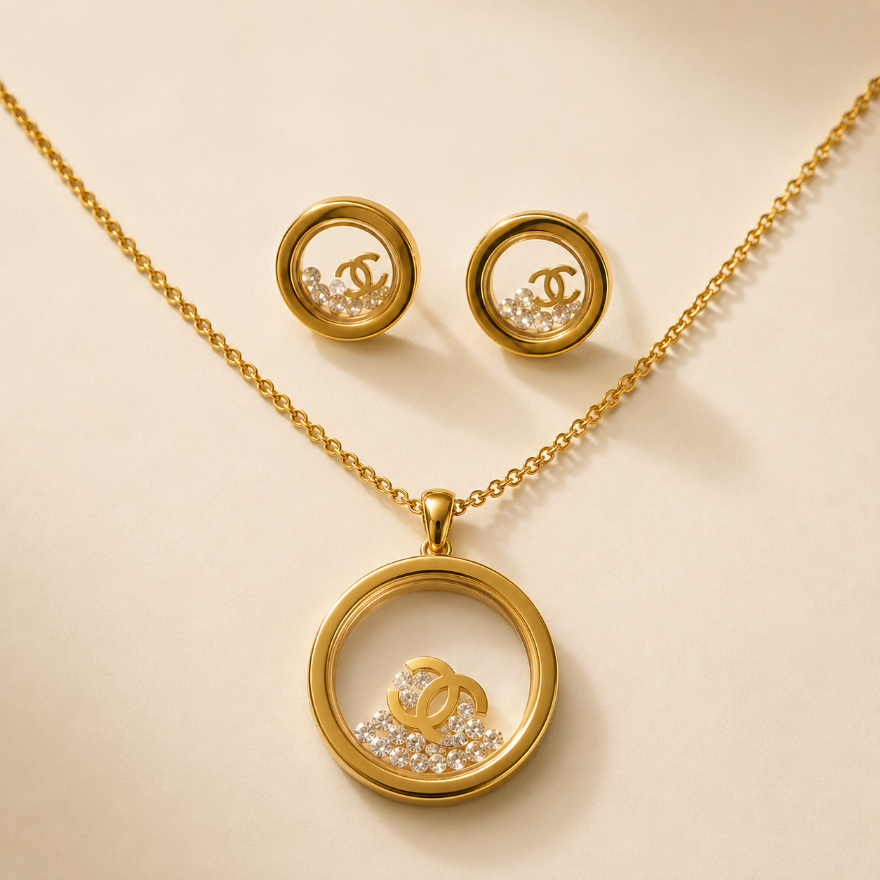 Collar y aretes de acero inoxidable Conjunto Dorado (80-146)